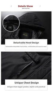 Detail view of windproof winter jacket with detachable hood and warm fleece lining