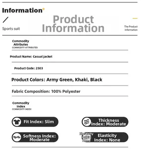 Detailed size chart and material specifications for polyester men's casual jacket