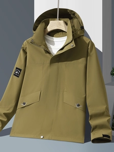Men's olive hooded windbreaker jacket with arm patch and adjustable velcro cuffs