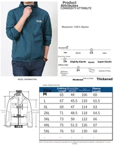Detailed size guide and measurements for men's lightweight outdoor sun protection jacket