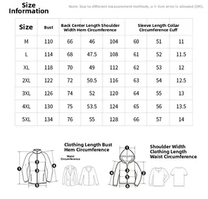 Detailed size chart for men outdoor windbreaker jacket ranging from M to 5XL in centimeters