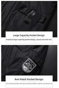 Detailed close-up of large tactical flap pockets and arm patch on outdoor hiking jacket
