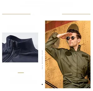Detail of the stand-up collar and zipper on a military-style navy blue men's jacket