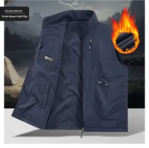 Detail of windproof blue vest with warm fleece lining and thermal insulation technology