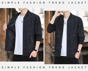 Detail of trendy men's jacket with standing collar and dark camouflage texture print