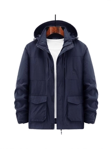 Men's navy blue hooded outdoor windbreaker jacket with multiple utility pockets