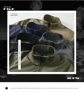 Detailed view of stand collar jackets in olive, navy, and black with metal zippers