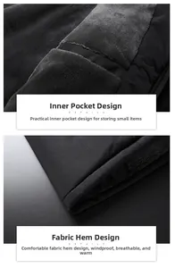 Detail of grey fleece lining and secure inner pocket on a black winter hiking jacket