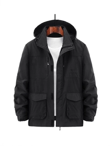 Men's black hooded outdoor windbreaker with multiple pockets and functional utility design