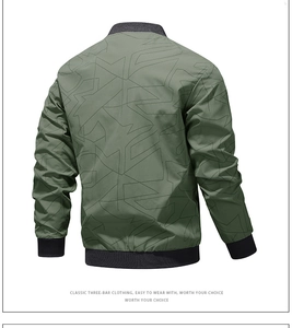 Detail view of olive green bomber jacket featuring geometric back print and ribbed trim