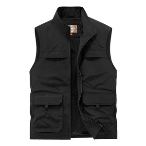 Men's outdoor multi-pocket fishing vest with stand collar in black windproof fabric