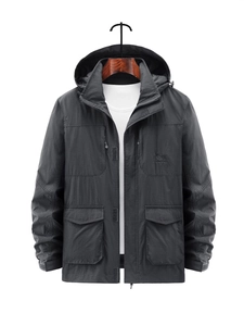 Men's loose outdoor windbreaker jacket with multiple pockets and hood in dark grey