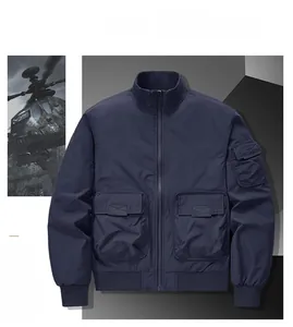 Macro view of navy blue flight jacket featuring military pockets and windproof fabric