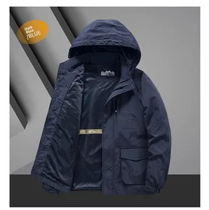 Detail view of dark blue outdoor jacket featuring mesh lining and multiple utility pockets