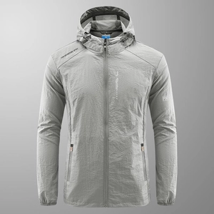 Men's light grey hooded sun protection jacket with breathable ripstop fabric for outdoors