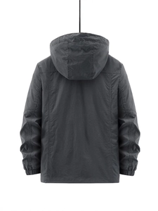 Men's dark grey hooded windbreaker jacket with loose fit and windproof fabric back view