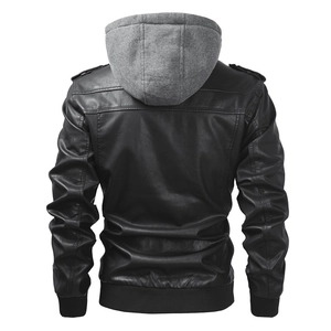 Vue arrière du blouson en cuir PU noir avec capuche grise amovible et bords-côtes