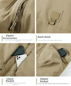 Detail view of khaki tactical vest features durable zippers and functional pockets for outdoors