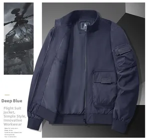 Detailed close-up of dark blue military-style flight jacket with cargo pockets and ribbed cuffs