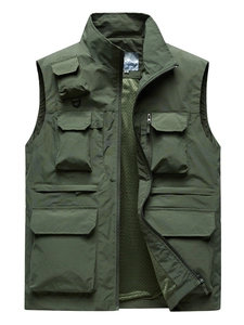 Men's outdoor multi-pocket cargo vest in army green with breathable mesh lining