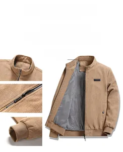 Detailed close-up of khaki corduroy jacket collar, zipper and elastic cuffs
