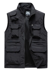 Men's black multi-pocket outdoor utility vest with breathable mesh lining and stand collar