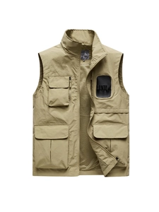Men's Outdoor Multi-Pocket Fishing Photography Vest Stand Collar Casual Cargo Workwear Sleeveless Jacket Polyester Waistcoat