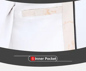 Detail view of the inner jacket pocket featuring a brown marbled trim and zipper closure