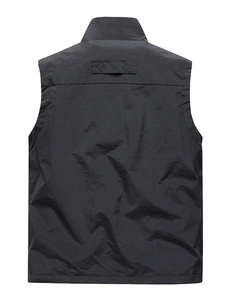 Men's outdoor multi-pocket fishing vest in black, back view of breathable cargo gilet