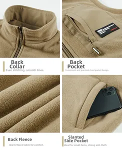 Detail view of khaki fleece vest showing stand collar, zipper pockets and dense texture