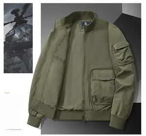 Detail of military green bomber jacket featuring a utility sleeve pocket and ribbed cuffs