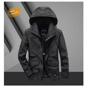 Detail view of the black men's hooded jacket featuring multiple utility pockets and zip closure