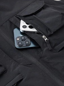 Men's outdoor multi-pocket fishing vest in black with functional zip storage space