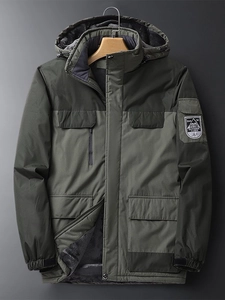 Olive green men's waterproof hooded parka jacket with warm fleece lining and multi-pockets