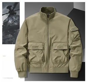 Flat lay of khaki flight jacket featuring stand collar and military utility pockets