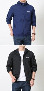 Detail view of water-resistant outdoor jacket with zipper pockets and logo prints