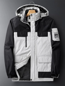 Men's outdoor hooded fleece jacket in black and white windproof tech fabric