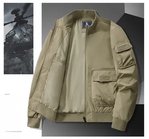 Detail of khaki military bomber jacket showing stand collar and cargo pocket design