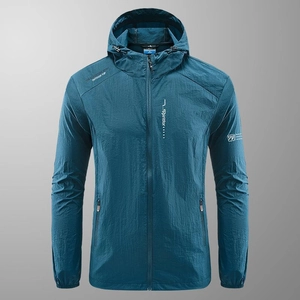Men's blue lightweight UV protection sun jacket with hood and adventure spirit print