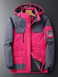 Pink and gray outdoor hooded jacket with warm fleece lining and chest zipper pocket