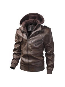 Veste en Cuir PU Homme Mode Motard Avec Capuche Amovible Manteau Casual à Capuche pour Homme Poches Multiples