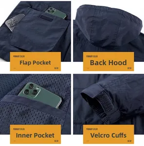 Detail showing flap pockets, rear hood, and Velcro cuffs on this navy outdoor jacket