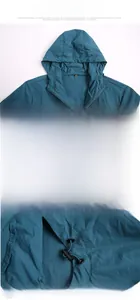 Detail view of men's blue sun protection jacket featuring outdoor logo and adjustable hem