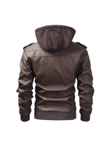 Veste de motard en similicuir marron pour homme avec capuche en tricot et bords-côtes