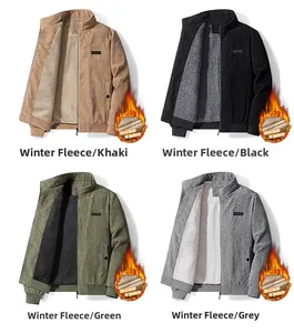 Collage of thick winter corduroy jackets in khaki, black, green and gray with warm lining