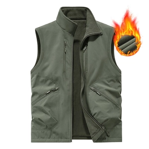 Men's Outdoor Reversible Fleece Vest Multi-Pocket Standing Collar Windproof Thermal Work Waistcoat For Fishing Camping