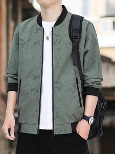 Men's olive green baseball collar jacket with marble texture and ring zipper
