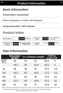 Tableau des tailles pour veste décontractée en laine pour homme avec mesures détaillées