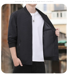 Detail of black baseball collar jacket showing geometric texture and functional inner pocket