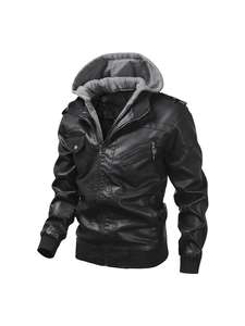 Veste en cuir PU noir pour homme avec capuche en tricot gris et poches zippées multiples